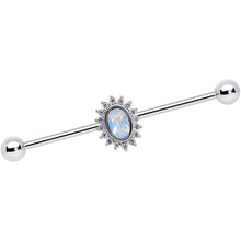 Load image into Gallery viewer, 14G Clear CZ Gem White Faux Opal Framed Industrial Barbell 38mm