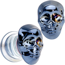 Load image into Gallery viewer, Dark Blue Glass Smiling Halloween Skull Double Flare Plug Set