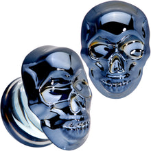 Load image into Gallery viewer, Dark Blue Glass Smiling Halloween Skull Double Flare Plug Set