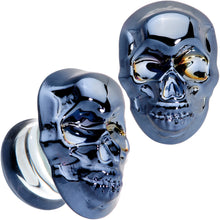 Load image into Gallery viewer, Dark Blue Glass Smiling Halloween Skull Double Flare Plug Set