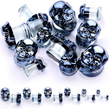 Load image into Gallery viewer, Dark Blue Glass Smiling Halloween Skull Double Flare Plug Set