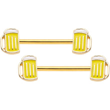 Load image into Gallery viewer, 5/8 Gold Tone St Patricks Day Frosty Beer Mug Barbell Nipple Ring Set