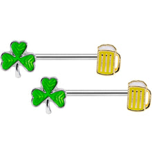 Load image into Gallery viewer, 5/8 St Patricks Day Beer Mug Shamrock Barbell Nipple Ring Set