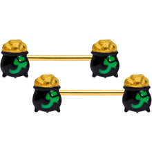 Load image into Gallery viewer, 5/8 Gold Tone St Patricks Day Pot O Gold Barbell Nipple Ring Set
