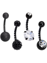 Load image into Gallery viewer, Clear Gem Black Thoroughly Twisted Belly Ring Set of 4
