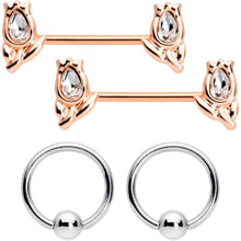 Load image into Gallery viewer, 14G Clear Gem Rose Gold Tone Flowers BCR Barbell Nipple Ring Set