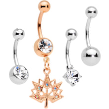 Load image into Gallery viewer, Clear Aurora Gem Rose Gold Tone Maple Leaf Dangle Belly Ring Set of 4