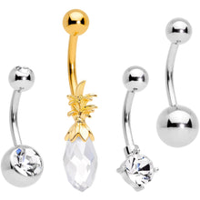 Load image into Gallery viewer, Clear Gem Gold Tone Pineapple Belly Ring Set of 4 Bonus Pack