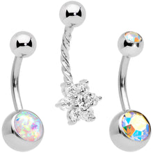 Load image into Gallery viewer, Clear Aurora Gem White Faux Opal Daffodil Belly Ring Set of 3