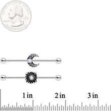 Load image into Gallery viewer, 14G White Faux Opal Sun Moon Industrial Barbell Set 38mm