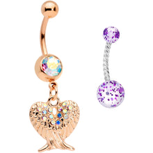 Load image into Gallery viewer, Aurora Gem Rose Gold Tone Angel Wings Purple Confetti Belly Ring Set of 2