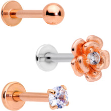 Load image into Gallery viewer, 16G 5/16 Clear Gem Flower Internally Threaded Labret Set of 3