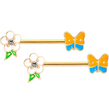 Load image into Gallery viewer, 14G Gold Tone Spring Butterfly Flower Barbell Nipple Ring Set