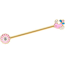 Load image into Gallery viewer, 14G Clear Gem Gold Tone Pink Bird Flower Industrial Barbell 38mm