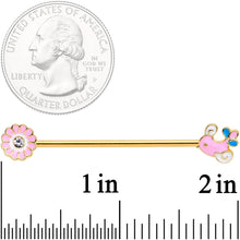 Load image into Gallery viewer, 14G Clear Gem Gold Tone Pink Bird Flower Industrial Barbell 38mm