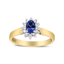 Load image into Gallery viewer, 14K Yellow Gold 1/5 Cttw Round Diamond and 6x4mm Oval Blue Tanzanite Halo Ring (H-I Color, I1-I2 Clarity) - Size 7.75
