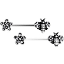 Load image into Gallery viewer, 14G 5/8 Clear Gem Bee and Blossom Barbell Nipple Ring Set