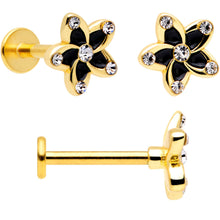 Load image into Gallery viewer, 16G 5/16 Clear Gem Gold Tone Black Flower Labret Set of 3