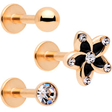 Load image into Gallery viewer, 16G Clear Gem Rose Gold Tone Black Flower Labret Set of 3