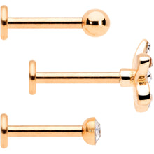 Load image into Gallery viewer, 16G Clear Gem Rose Gold Tone Black Flower Labret Set of 3