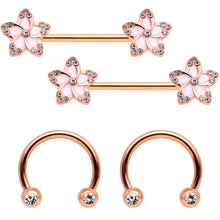 Load image into Gallery viewer, Clear Gem Rose Gold Tone Flower Horseshoe Barbell Nipple Ring Set of 4