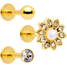 Load image into Gallery viewer, 16G 5/16 White Faux Opal Gold Tone Flower Labret Curation Set of 3