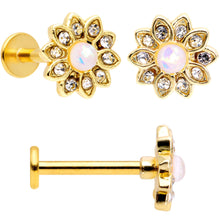Load image into Gallery viewer, 16G 5/16 White Faux Opal Gold Tone Flower Labret Curation Set of 3
