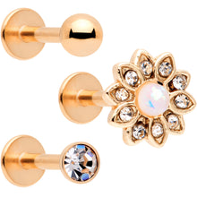Load image into Gallery viewer, 16G 5/16 White Faux Opal Rose Gold Tone Flower Labret Set of 3