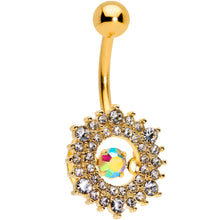 Load image into Gallery viewer, Clear Aurora Dangle Gem Gold Tone Sunburst Belly Ring