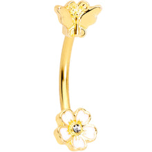 Load image into Gallery viewer, 16G 3/8 Clear Gem Gold Tone White Posy Flower Curved Eyebrow Ring