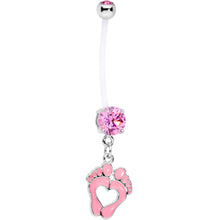 Load image into Gallery viewer, Pink CZ Gem Baby Precious Footprints Dangle Pregnancy Belly Ring