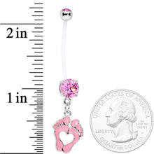 Load image into Gallery viewer, Pink CZ Gem Baby Precious Footprints Dangle Pregnancy Belly Ring