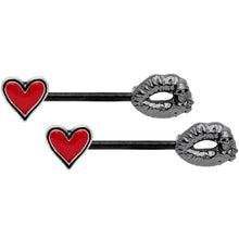 Load image into Gallery viewer, 14G 9/16 Red Heart Black Kiss of Death Barbell Nipple Ring Set