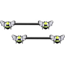 Load image into Gallery viewer, 14G 9/16 Black Blissful Bumblebee Barbell Nipple Ring Set