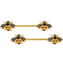 Load image into Gallery viewer, 14G 9/16 Black Gem Gold Tone Bumblebees Barbell Nipple Ring Set
