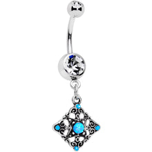 Load image into Gallery viewer, Blue Synthetic Opal Scrolling Rhombus Dangle Belly Ring