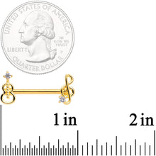 Load image into Gallery viewer, 14G 9/16 Clear CZ Gold Tone Music Lover Barbell Nipple Ring Set