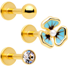 Load image into Gallery viewer, 16G 5/16 Clear Gem Gold Tone Blue Pansy Labret Set of 3