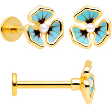 Load image into Gallery viewer, 16G 5/16 Clear Gem Gold Tone Blue Pansy Labret Set of 3
