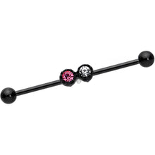 Load image into Gallery viewer, 14G Clear Pink Gem Black Double Drama Industrial Barbell 38mm