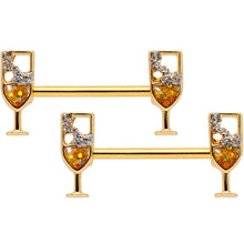 Load image into Gallery viewer, 14G 9/16 Clear Gem Gold Tone Champagne Barbell Nipple Ring Set