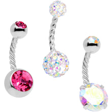 Load image into Gallery viewer, Pink Aurora Gem Twisted Disco Ball Belly Ring Set of 3
