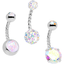 Load image into Gallery viewer, Aurora Gem White Faux Opal Disco Ball Twisted Belly Ring Set of 3