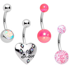 Load image into Gallery viewer, Aurora Gem Pink Pearlescent Glitter Heart Belly Ring Set of 4