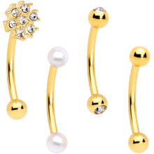 Load image into Gallery viewer, 16G 5/16 Clear Gem Flower Gold Tone Curved Eyebrow Ring Set of 4
