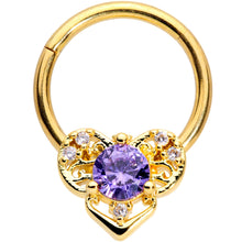 Load image into Gallery viewer, 16G 3/8 Purple CZ Gold Tone Abstract Heart Hinged Segment Ring