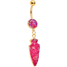 Load image into Gallery viewer, Pink Faux Druzy Gold Tone Arrowhead Dangle Belly Ring