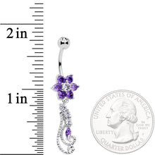 Load image into Gallery viewer, Clear Purple CZ Gem Floral Flourish Dangle Belly Ring