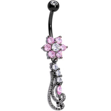 Load image into Gallery viewer, Clear Pink CZ Black Anodized Floral Flourish Dangle Belly Ring