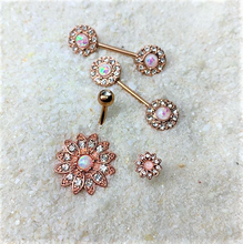 Load image into Gallery viewer, 16G 5/16 White Faux Opal Rose Gold Tone Flower Labret Set of 3